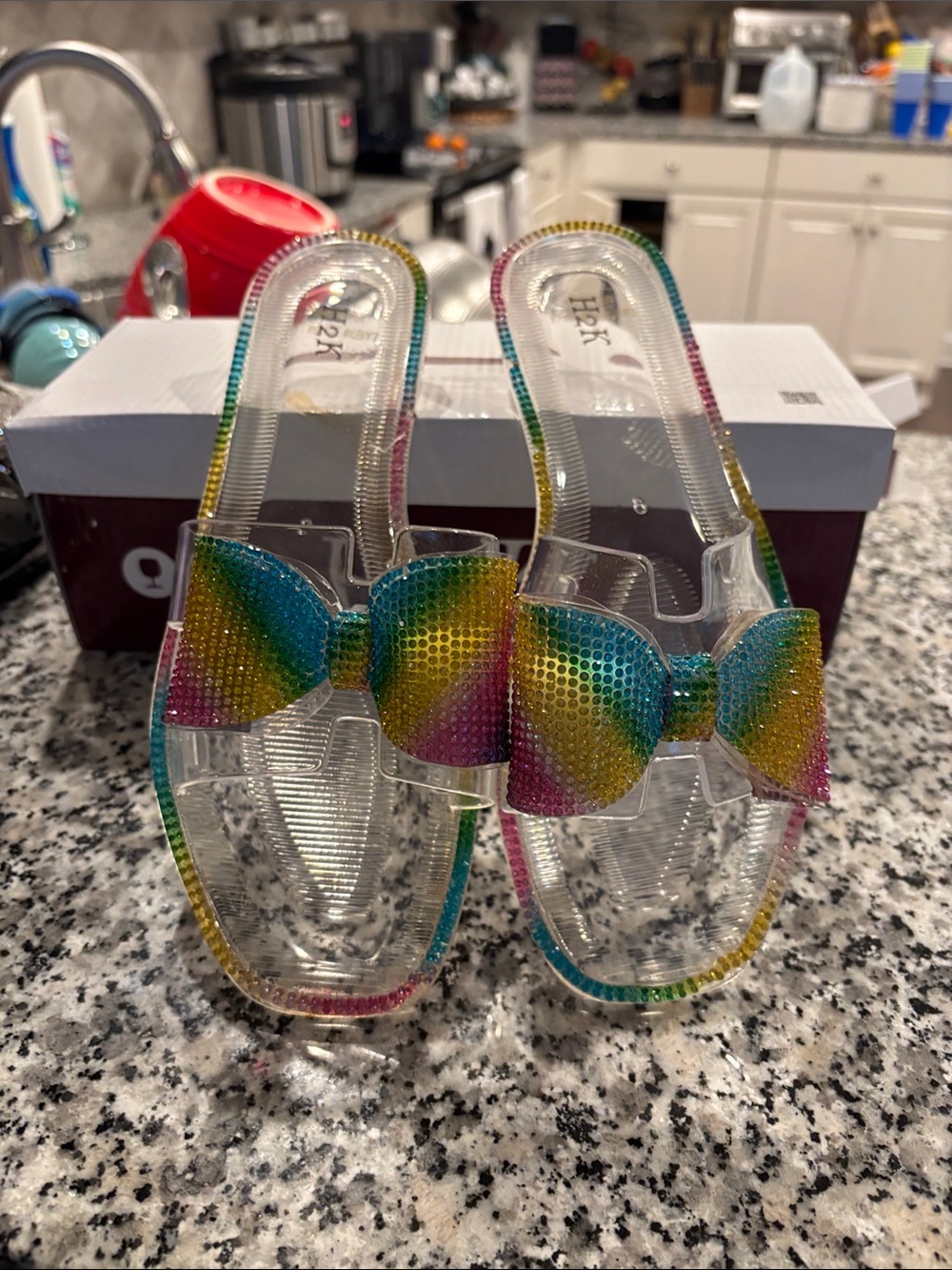 Clear Jelly Slide Sandals with Rainbow Bow